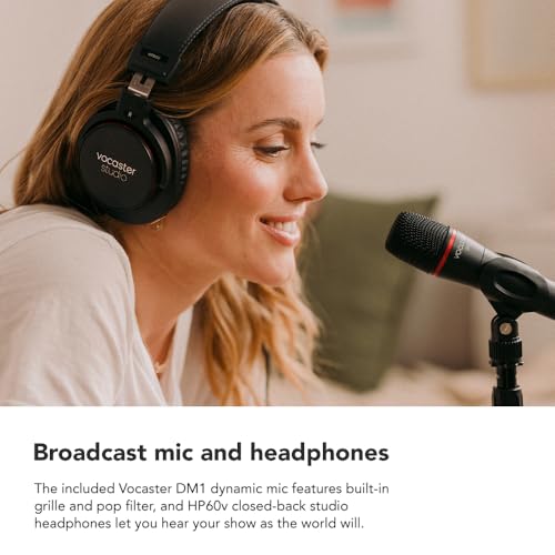 Focusrite Vocaster One Studio – Podcasting Interface for Solo Podcast Recording with Professional Quality Vocaster DM1 Dynamic Microphone & HP60v Headphones. 1 Mic Input & Headphone Output | Podcasting Interface for Solo Podcast Recording with Vocaster DM
