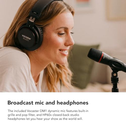 Focusrite Vocaster One Studio – Podcasting Interface for Solo Podcast Recording with Professional Quality Vocaster DM1 Dynamic Microphone & HP60v Headphones. 1 Mic Input & Headphone Output | Podcasting Interface for Solo Podcast Recording with Vocaster DM