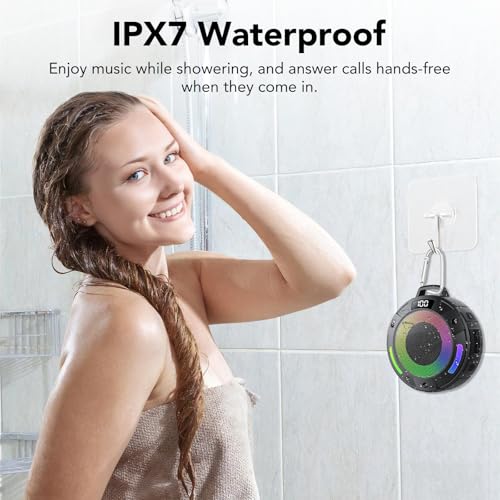 Bluetooth Speaker, 2025 Portable Wireless Shower Speaker, Digital Display Portable Speaker with Detachable hook ,IPX7 Waterproof with LED Light, HD Sound & Bass for Bathroom, Pool, Beach & Outdoor