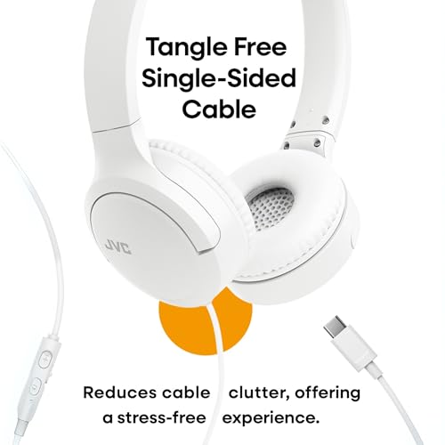 JVC USB-C Wired On-Ear Headphones with Mic – Comfortable All-Day Wear, Clear Calls, Rich Sound – Foldable & Lightweight – Tangle-Free Single-Sided Cable – Great for Gaming & Work from Home - color: White