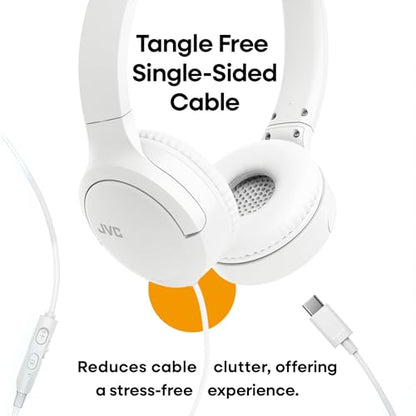 JVC USB-C Wired On-Ear Headphones with Mic – Comfortable All-Day Wear, Clear Calls, Rich Sound – Foldable & Lightweight – Tangle-Free Single-Sided Cable – Great for Gaming & Work from Home - color: White