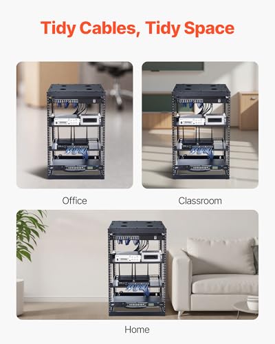 VEVOR 16U Open Frame Server Rack & Network Rack, Wall Mounted or Floor Standing, Heavy Duty 4 Post, with 2PCS Vented 1U Shelves & Mounting Hardware, Holds All 19'' Networking IT Equipment AV Gear - size: 16U Server Rack