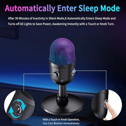 USB Gaming Condenser Microphone for PC/Desktop,192kHz/24Bit,Noise Cancellation,Monitoring,Quick Mute & RGB Lighting,USB PC Mic for Laptop,Podcast,Streaming,Recording Black