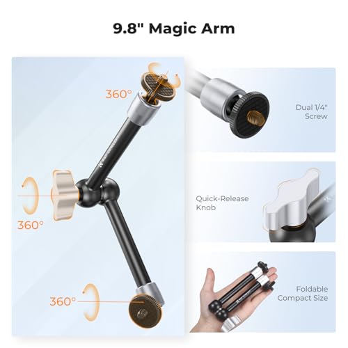 K&F CONCEPT 9.8" Magic Arm Clamp Kit with Dual 360° Ball Heads | Camera Arm Mount for Monitor, Flash, LED Light, Microphone, Camera Cage, Action Camera, Sliver, MS32 - size: 9.8-Inch