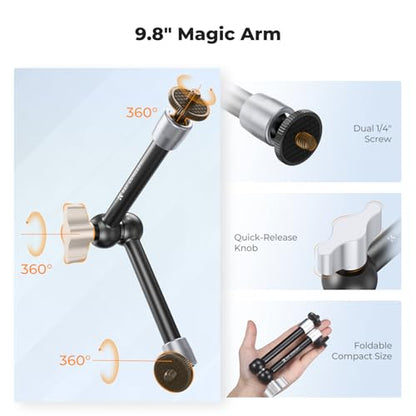 K&F CONCEPT 9.8" Magic Arm Clamp Kit with Dual 360° Ball Heads | Camera Arm Mount for Monitor, Flash, LED Light, Microphone, Camera Cage, Action Camera, Sliver, MS32 - size: 9.8-Inch