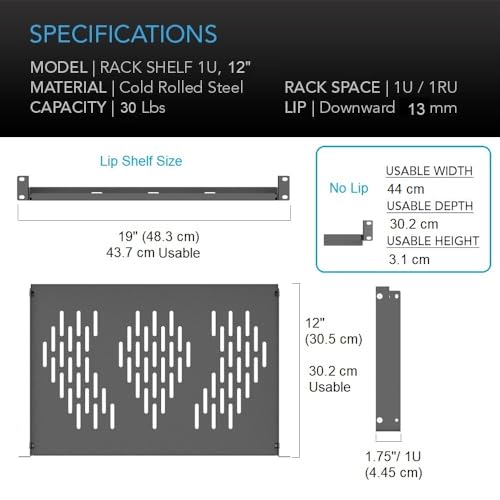 Beiyier 2PCS 1U Server Rack Shelf, Suitable for 19" Network Equipment Racks and Cabinets, Ventilated Cantilever Tray, Depth of 12 inches, Well-Ventilated (Black) - size: 12”