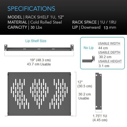 Beiyier 2PCS 1U Server Rack Shelf, Suitable for 19" Network Equipment Racks and Cabinets, Ventilated Cantilever Tray, Depth of 12 inches, Well-Ventilated (Black) - size: 12”