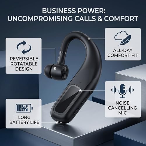 Zopsc Bluetooth Headset Single Ear, Wireless Business Headset with Noise Cancelling Mic, Lightweight Hands Free Earphone for Office Home Driving Call, 180mAh.