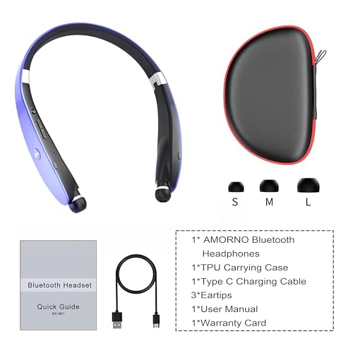 AMORNO Foldable Bluetooth Headphones Wireless Neckband Headset with Retractable Earbuds, Sports Sweatproof Noise Cancelling Stereo Earphones with Mic - color: Purple