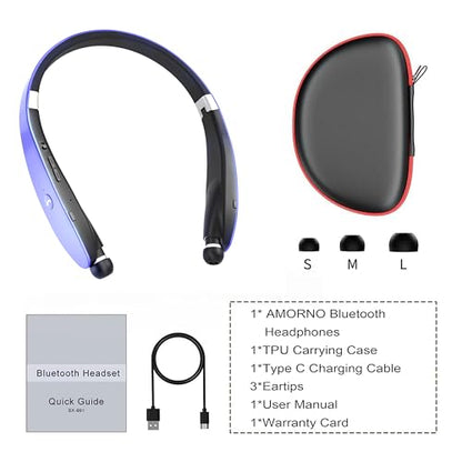 AMORNO Foldable Bluetooth Headphones Wireless Neckband Headset with Retractable Earbuds, Sports Sweatproof Noise Cancelling Stereo Earphones with Mic - color: Purple