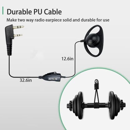 Retevis Walkie Talkie Earpiece, D-Type, 2 Pin, for H777/RT22/RT21/RT68 | PTT, Compatible with Pxton, Baofeng, Kenwood Walkie Talkies, Two Way Radio Earpiece with Mic, Hotels(1 Pack)