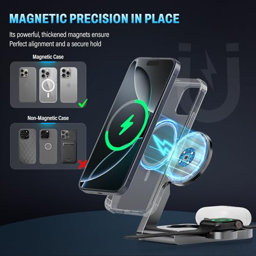 2026 3 in 1 Wireless Charging Station Mag-Safe Fast Charging Station for Apple MagSafe Charger, with USB C Charger, Foldable Charging Magnetic Wireless Charger Stand, Space Aluminum Travel Charger - color: Luxury Grey