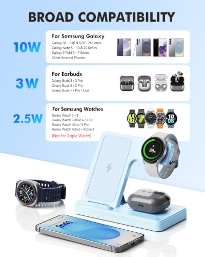 3-in-1 Charging Station for Samsung, Foldable Wireless Charger Stand | Android Phone and Watch Charger for Samsung S26/S25/S24/S23/S22/S21, Note 20/10, Z Fold 6/5, Galaxy Buds and Watch-Blue - color: Blue