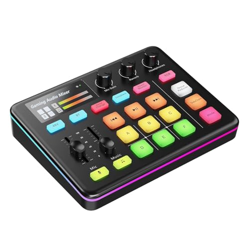 PUSOKEI Gaming Audio Mixer, Bluetooth 5.0 Live Sound Card with RGB Light, XLR Interface, Audio Interface with Pro preamp, Volume Fader, 48V Phan tom Power, for Live Streaming