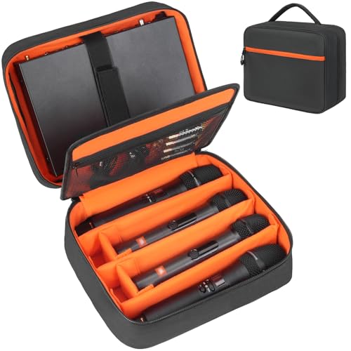 4-Slot Wireless Microphone Case | Mic Carrying Case compatible with JBL Partybox/Shure/TONOR handheld mic system, double layer organizer for receiver & cables - size: 4 Microphone Carrying Case