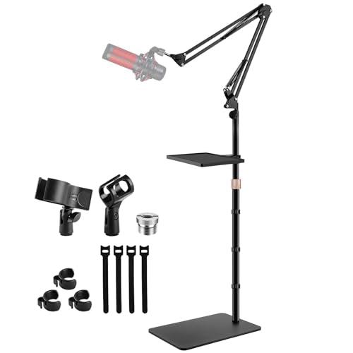 BILIONE Microphone Stand Floor with Tray & Boom Arm, 5.5lbs Weighted Base | Height Adjustable Studio/Podcast Mic Stand w/ 3/8'' to 5/8'' Adapter & 2 Mic Clips Compatible with Blue Yeti QuadCast AT2020
