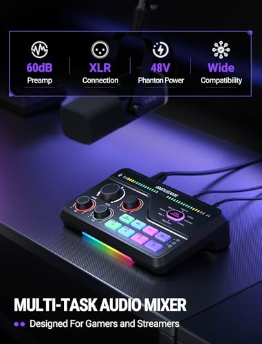 FIFINE SC8 Gaming Audio Mixer for Live Streaming with 7.1ch Surround sound | For PC,RGB,Headphone Preamp,Mute Button,Volume Control,Optical Input,48V Phantom Power,3 EQ Modes,Game Chat Volume Balacnce