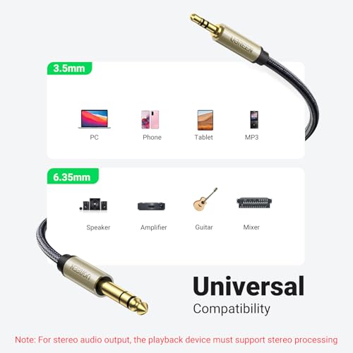 UGREEN 3.5mm to 1/4 Cable 1/8 TRS to 6.35mm Audio Male Guitar Cord 16FT | 1/4 to Aux Stereo Cable with Zinc Alloy Housing, Braid, for Guitar, Laptop, PC, Home Theater Devices, Speaker, Amplifiers - size: 16FT