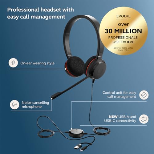 Jabra Evolve 20 Wired Headset (2025 Edition) with USB-A/USB-C, Black - color: Black, style: Teams Certified