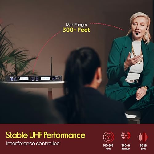 Pyle 4 Channel UHF Wireless Microphone System with 4 Lavalier & 4 Headset Mics, 300 Ft Range, Rack Mount Receiver for Conferences, Events & PA Systems - style: 4-Channel Lavalier-Headset