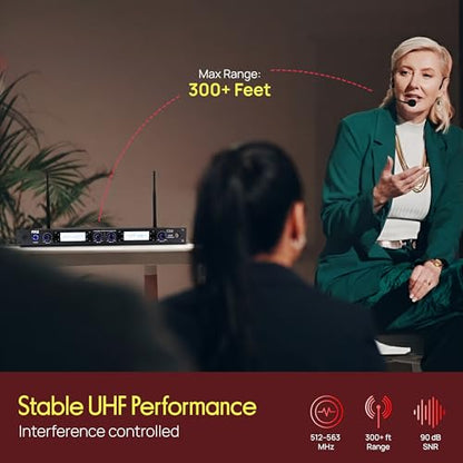 Pyle 4 Channel UHF Wireless Microphone System with 4 Lavalier & 4 Headset Mics, 300 Ft Range, Rack Mount Receiver for Conferences, Events & PA Systems - style: 4-Channel Lavalier-Headset