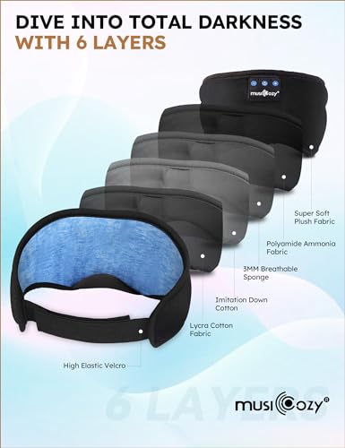 MUSICOZY Sleep Headphones Bluetooth 5.4 Sleep Eye Mask with HD Speakers | Soft Cotton Fabric, Flat Design, 14 Hours Playtime, Washable Headband Style for Side Sleepers, Travel Meditation Relaxation - color: Dark Black