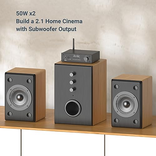 Arylic B50SE Bluetooth 5.1 Stereo Receiver 2.1 Channels Mini Class D Integrated Home Speaker Amplifier 50W x 2,Stable and Remote, Go Control Application and Easy Control EQ