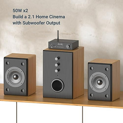 Arylic B50SE Bluetooth 5.1 Stereo Receiver 2.1 Channels Mini Class D Integrated Home Speaker Amplifier 50W x 2,Stable and Remote, Go Control Application and Easy Control EQ