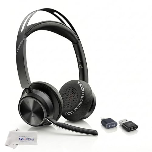 Poly Voyager Focus 2 Bluetooth Headset with Noise Blocking Mic - USB-C/A Dongle Adapters for PC using MS Teams, Zoom - Pairs to Both Cellphone and Laptop - Charging cable, and GTW Microfiber Cloth - color: w/o stand-USB A, style: Focus 2-Standard