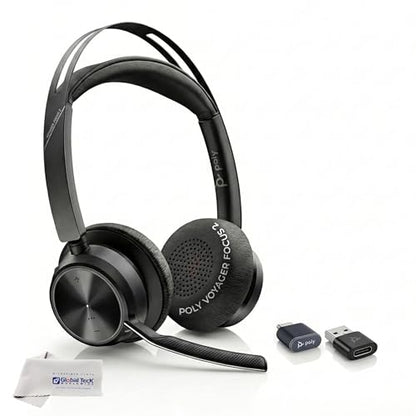 Poly Voyager Focus 2 UC Bluetooth Wireless Headset, USB-C, Pairs to Both Laptop and Cellphone for Work Calls Video Meetings- Compatible with Teams, Zoom, RingCentral, 8x8, Global Teck Microfiber - color: w/o stand-USB C, style: Focus 2-Standard