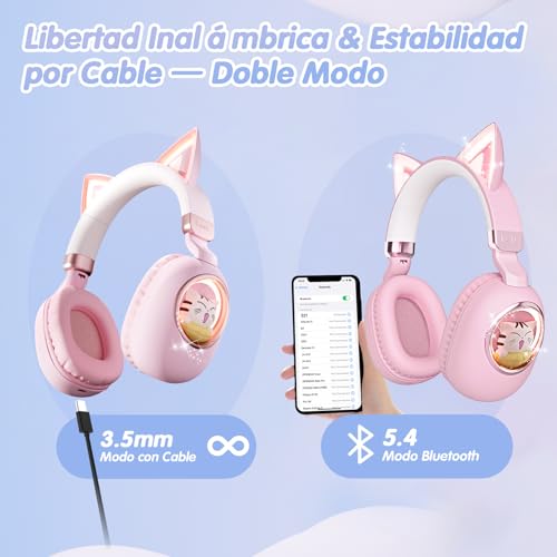 Kids Headphones Bluetooth 5.4 - Cat Ear LED Light Up Noise Cancelling Wireless Headphones with Mic, 85dB Volume Limited, Wired & Wireless Mode for Travel/School/iPad