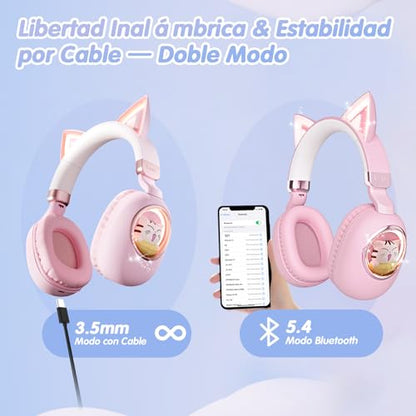 Kids Headphones Bluetooth 5.4 - Cat Ear LED Light Up Noise Cancelling Wireless Headphones with Mic, 85dB Volume Limited, Wired & Wireless Mode for Travel/School/iPad