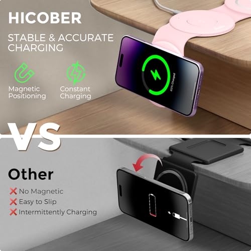 HICOBER 3-in-1 Wireless Charging Station for iPhone, Watch, AirPods, Pink | Charge 3 devices at once, foldable, case-friendly and ready for travel - color: Pink