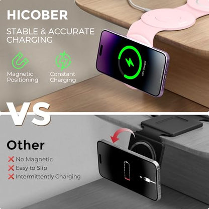 HICOBER 3-in-1 Wireless Charging Station for iPhone, Watch, AirPods, Pink | Charge 3 devices at once, foldable, case-friendly and ready for travel - color: Pink