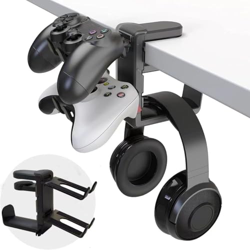 No-Drill Desk Clamp Headphone Hook – 360° Rotating Headphone Stand with Multi-Functional Storage Hanger for Office, Gaming & Home Use (Double Hook Black) - color: Double hook Black