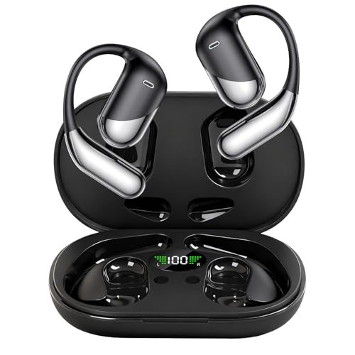 Open Ear Clip Wireless Earbuds Bone Conduction Headphones，Built-in Mic, IPX7 Waterproof, LED Display Charging Case,Ear Hooks Ear Buds, Ultra-Comfort Bluetooth Earphones for Running Fitness,office gift - color: dark black