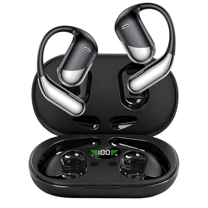 Open Ear Clip Wireless Earbuds Bone Conduction Headphones，Built-in Mic, IPX7 Waterproof, LED Display Charging Case,Ear Hooks Ear Buds, Ultra-Comfort Bluetooth Earphones for Running Fitness,office gift - color: dark black
