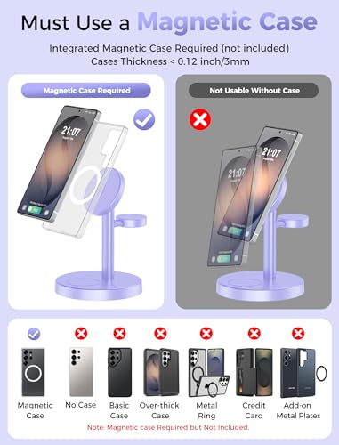 Magnetic Wireless Charger for Samsung, 3 in 1 Super Fast Charging Station Compatible with MagSafe, Phone Charger Stand for Samsung Galaxy S26 Ultra S25 Z Fold/Flip 8, Watch Ultra 8 7 6, Buds 4/3 Pro - color: Purple