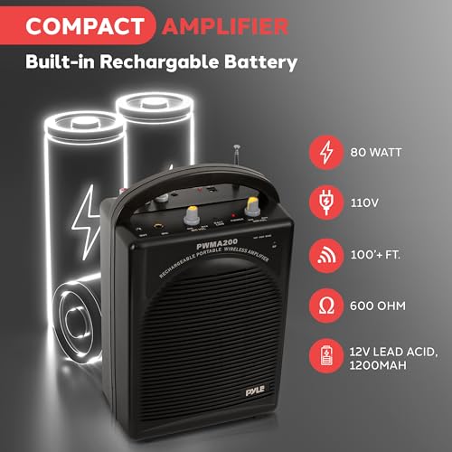 Pyle Portable PA Speaker & Microphone System - FM Stereo Radio, Built-in Rechargeable Battery, Aux & Microphone Inputs, Includes Beltpack, Hand-held Headset & Lavalier Mics - Black