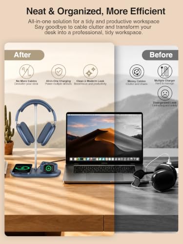 3 in 1 Headphone Stand, Airpod Max Charger Stand with 15W Wireless Charger | Headset Holder for AirPods Max 2/Pro/iWatch/Vision Pro, Charging for iPhone 17/16/15/14/13/12/11/X, Aluminum Alloy Rod, Blue