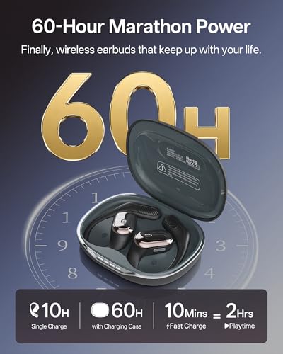 Open Ear Headphones, Over Ear Earbuds with Ear Hooks, True Wireless Bluetooth 6.0 Earphones with Mics, Stereo Sound, Ultra-Comfort, 60H Playtime, IPX7 Waterproof Ear Buds for Running Workout - color: Black