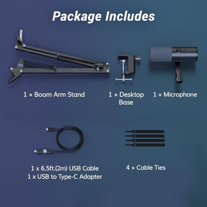 TONOR Dynamic Podcast Microphone for Content Creators, Cardioid XLR/USB Mic, AI Noise Cancellation, Tap Mute, 3.5mm Jack for Monitoring, Volume Control, Microfono with Boom Arm, Black, TD510 AIR H+