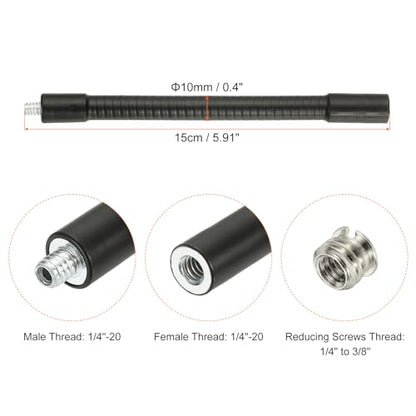 PATIKIL 6" Gooseneck, 1/4"-20 Female to Male Thread Metal Universal Hose Flexible Arm Gooseneck Tube Extension Holder with Reducing Screws for Action Camera, Phone, Microphone, Black - size: 15cm
