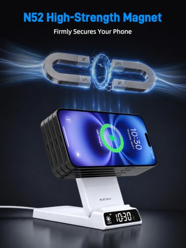 3 in 1 Charging Station for Apple, Travel Wireless Charger with Clock | ELECDOV Magnetic Charger for iPhone, Foldable Watch Charger Stand for iPhone 17/Air/16/15 Series, iWatch 10/AirPods 4 (White) - color: white