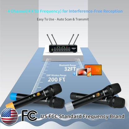Pro Wireless Microphone System 4 Channel, UHF Metal Cordless Handheld Mics with Echo Bluetooth for Church Karaoke Singing, 4x50 Adjustable Frequency(MU-898 Battery 4 Handheld)