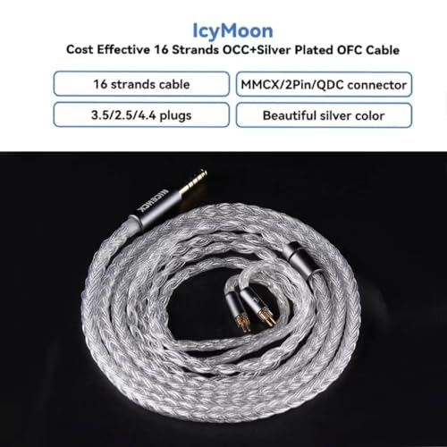 NICEHCK IcyMoon 4.4mm Balanced MMCX HiFi IEM Upgrade Cable | 16-strand OCC silver plated OFC cable, aluminum alloy shell, lossless balanced sound for MMCX IEM & 4.4mm players - size: 4.4mm with MMCX