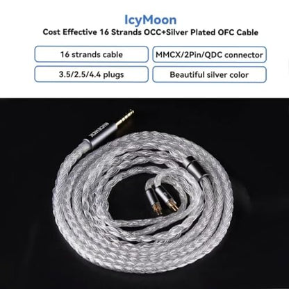 NICEHCK IcyMoon 4.4mm Balanced MMCX HiFi IEM Upgrade Cable | 16-strand OCC silver plated OFC cable, aluminum alloy shell, lossless balanced sound for MMCX IEM & 4.4mm players - size: 4.4mm with MMCX