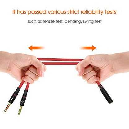 Maeline Headphone Splitter Adapter, 3.5mm Mic Cable for Computer, Headset 3.5mm Female to 2 Dual Male Microphone Audio Stereo Jack Earphones Port to Gaming Speaker PC - Red