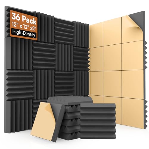 SD SODOCT 36 Pack Wedge Acoustic Foam Panels, Self-Adhesive Sound Proof Foam Panels for Walls, 12 x 12 x 2 Inches High Density Acoustic Foam, Fire Resistant, Studio Wall & Ceiling Panels, Black - color: 36 Pack Wedge (Self-Adhesive), size: 12" × 12" × 2"