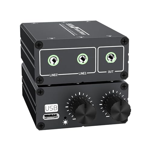 2 Channel Audio Mixer, Supports Two Stereo Audio Input Mixer and Output Audio Mixer, Contains Two 3.5mm Audio Cables and a USB Power Supply Cable, Suitable for PCs, Mobile Phones, laptops, etc